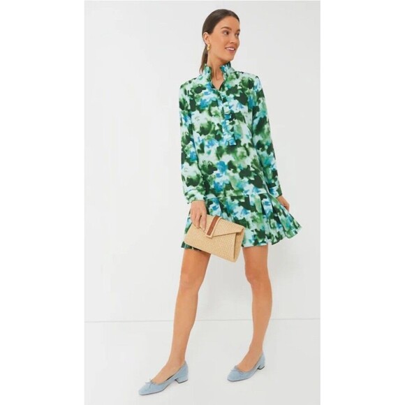 TUCKERNUCK Deep Lagoon Tate Mini Dress Green Blue Size XS Drop Waist Long Sleeve - Picture 2 of 15